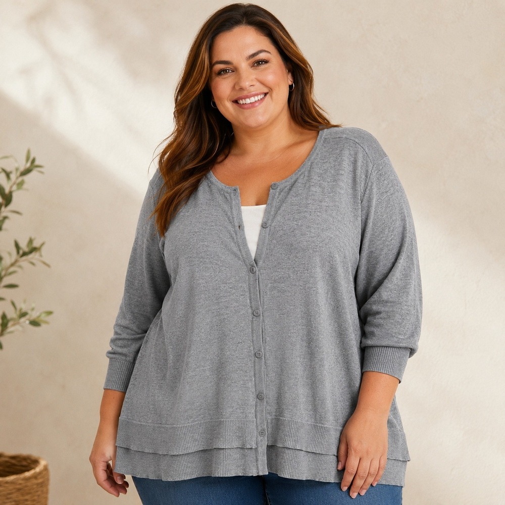 Joan Rivers Gray Button Front Tiered Hem Cardigan Sweater Plus Size 3X